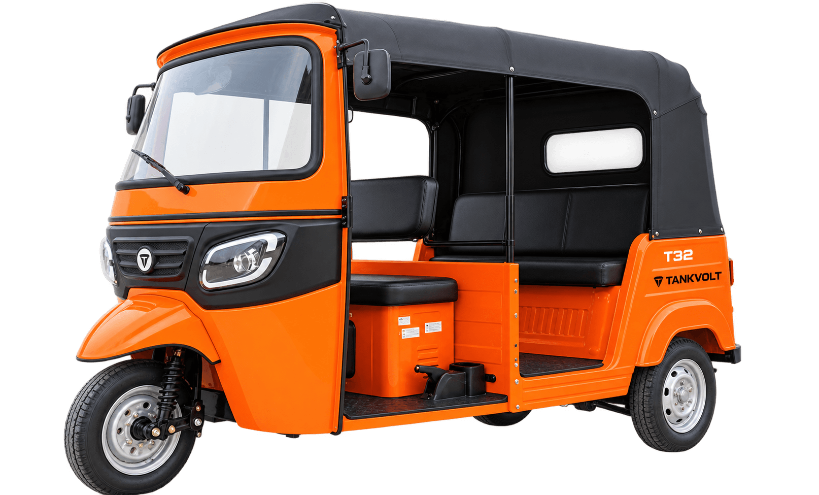 BEEP T32 electric passenger three-wheeler in orange livery, with a canopy and facing bench seats