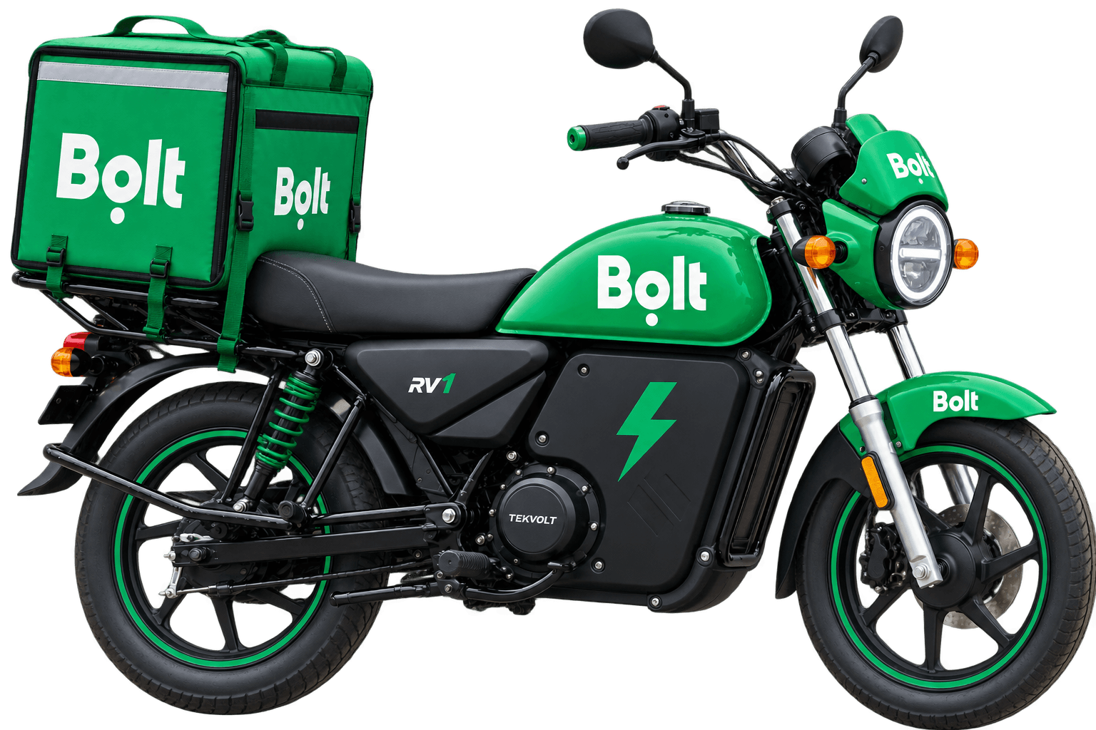 A Bolt-liveried electric delivery motorcycle with a Bolt top box