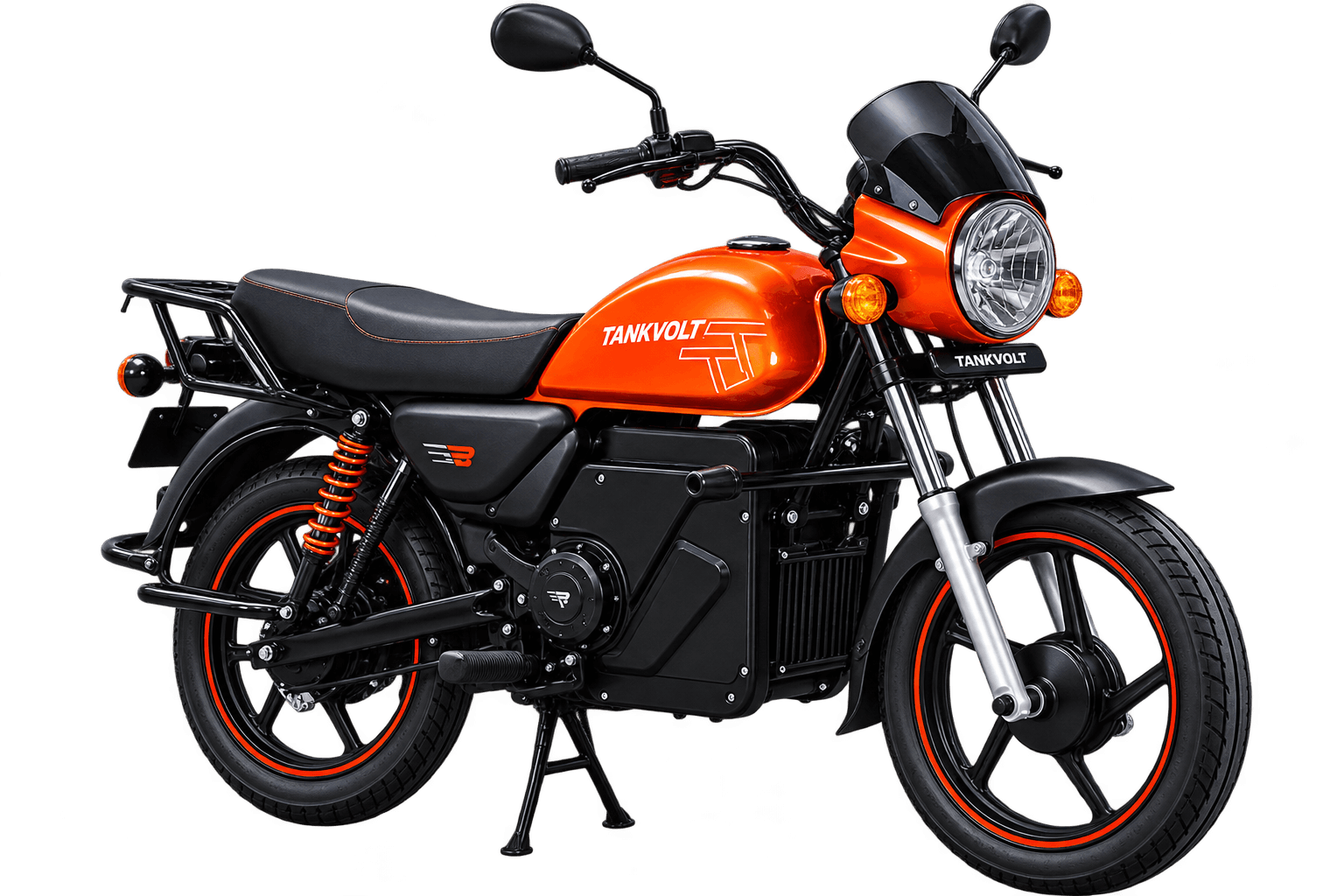 BEEP T22 electric motorcycle in orange livery, front three-quarter view